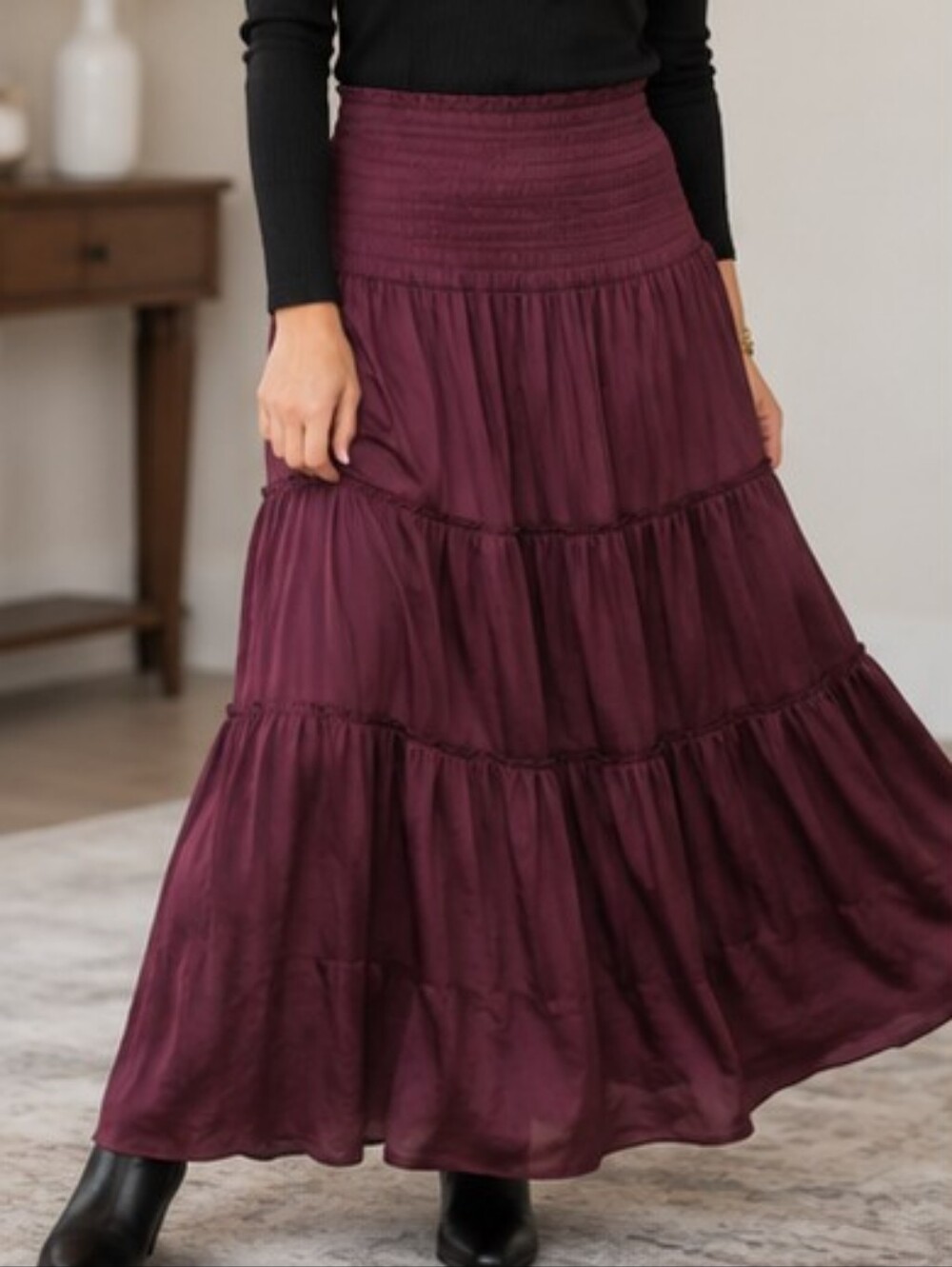 Roz and Ali Tiered Satin Maxi Skirt Large Burgundy Boho